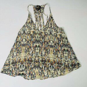 𝅺PLANET Blue Bohemian feather summer top beige XSMALL sleeveless flowy NEW